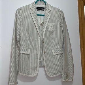 Club Monaco’s white and gray striped slim blazer